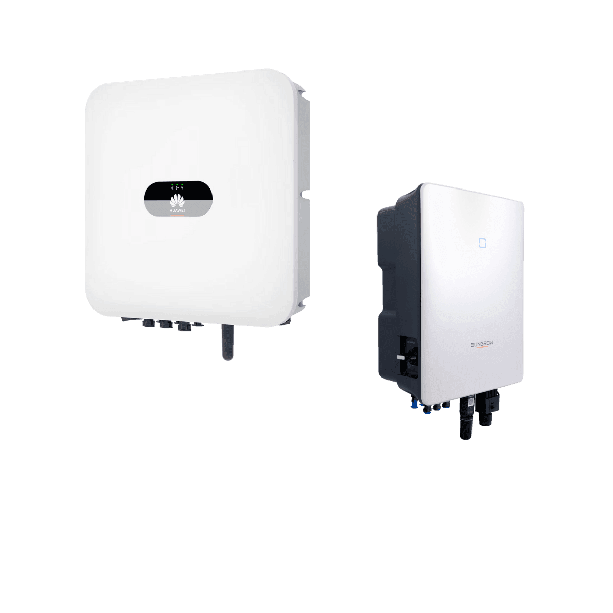 Two white solar inverters from different brands, with cable connections visible at the bottom.