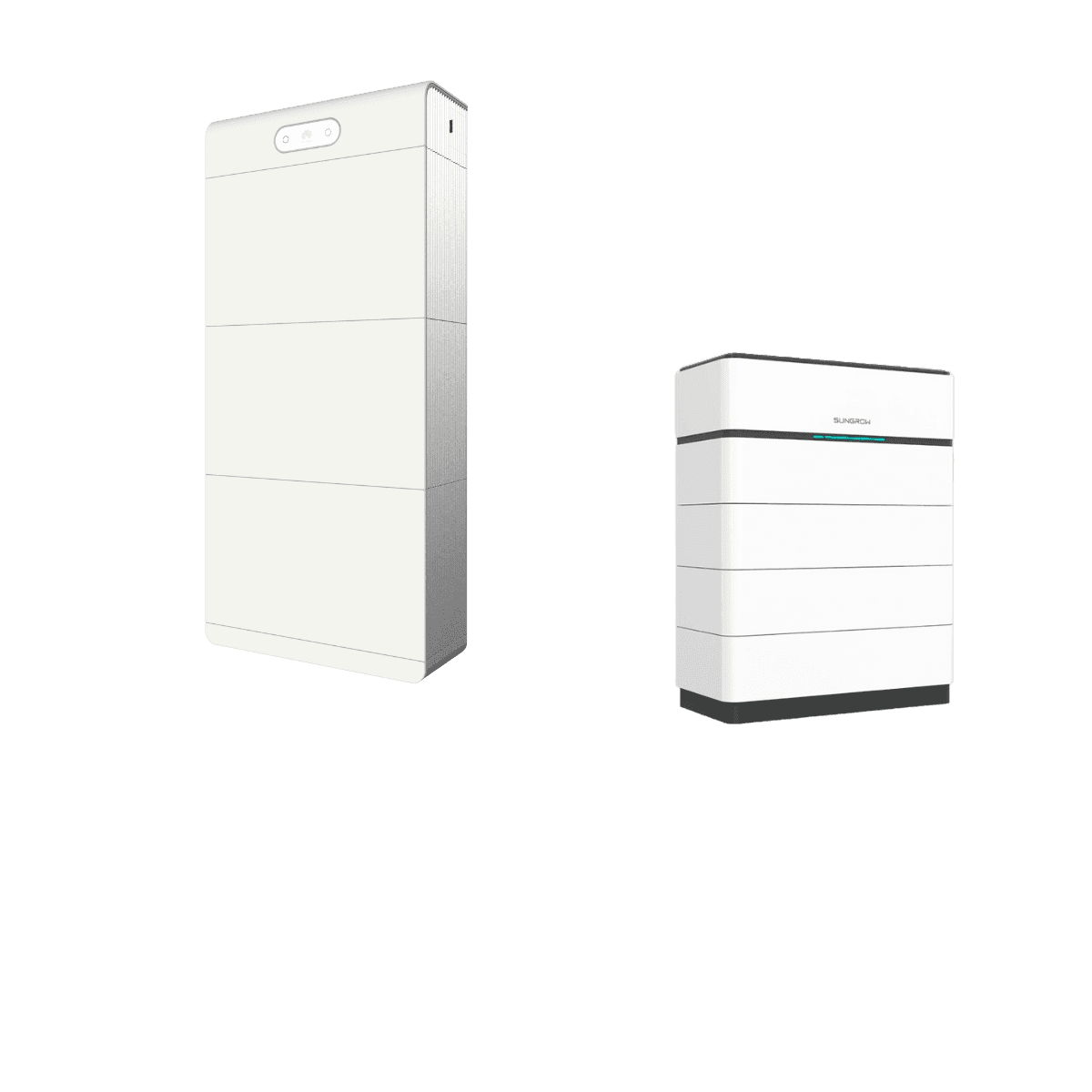 Two sleek white solar battery storage units on a neutral background.