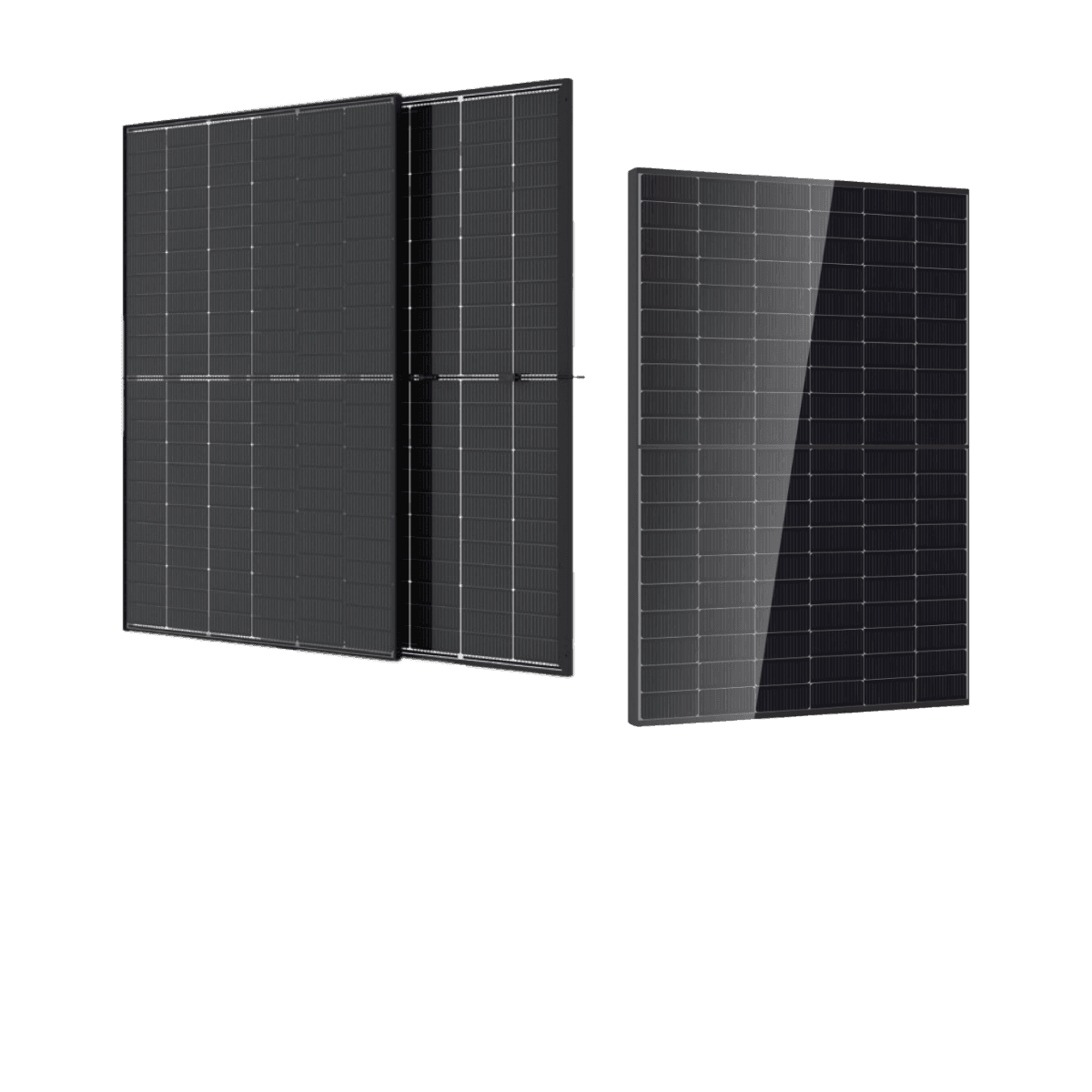 Two black solar panels positioned at different angles on a grey background.